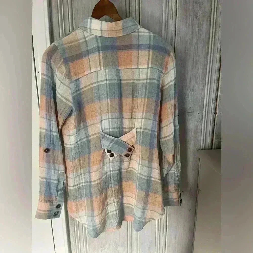 SOFT SURROUNDINGS Linen Pastel Plaid Button Down Tunic XS Laggenlook preppy prep